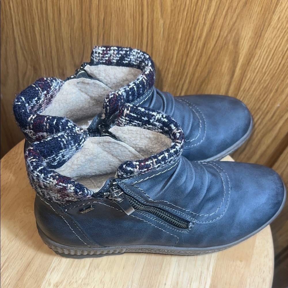 Spring Step Navy Leather Ankle Boots with Patterned Knit Cuff - Picture 7 of 7